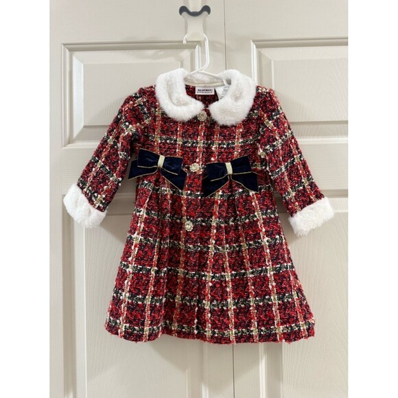 Blueberi Boulevard Other - Blueberi Boulevard Red Plaid Tweed Dress Faux Fur Collar Bows 2T Holiday